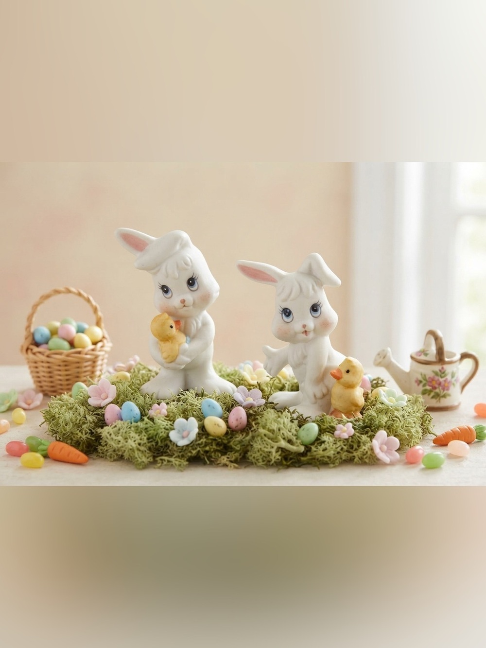Vintage Homco White and Yellow Ceramic Easter Bunny Figurines 1980’s- 1990’s